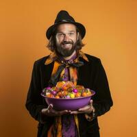 Man in Halloween costume holding a bowl of candy with mischievous grin AI Generative photo