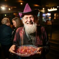 Man in Halloween costume holding a bowl of candy with mischievous grin AI Generative photo