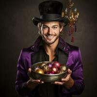 Man in Halloween costume holding a bowl of candy with mischievous grin AI Generative photo