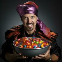 Man in Halloween costume holding a bowl of candy with mischievous grin AI Generative photo