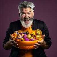 Man in Halloween costume holding a bowl of candy with mischievous grin AI Generative photo