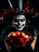 Woman in a Halloween costume holding a bowl of candy with mischievous grin AI Generative photo