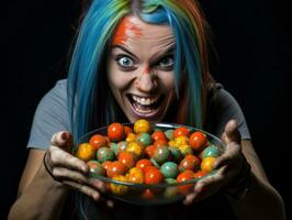 Woman in a Halloween costume holding a bowl of candy with mischievous grin AI Generative photo