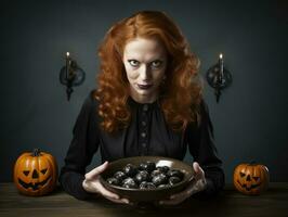 Woman in a Halloween costume holding a bowl of candy with mischievous grin AI Generative photo