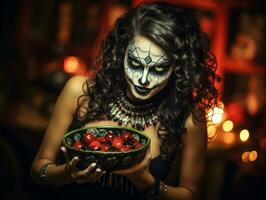 Woman in a Halloween costume holding a bowl of candy with mischievous grin AI Generative photo