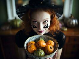 Woman in a Halloween costume holding a bowl of candy with mischievous grin AI Generative photo