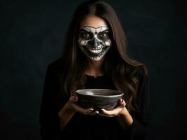 Woman in a Halloween costume holding a bowl of candy with mischievous grin AI Generative photo