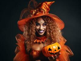 Woman in a Halloween costume holding a bowl of candy with mischievous grin AI Generative photo