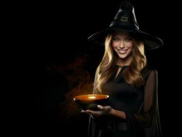 Woman in a Halloween costume holding a bowl of candy with mischievous grin AI Generative photo