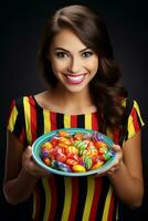 Woman in a Halloween costume holding a bowl of candy with mischievous grin AI Generative photo