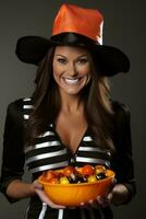 Woman in a Halloween costume holding a bowl of candy with mischievous grin AI Generative photo