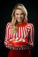 Woman in a Halloween costume holding a bowl of candy with mischievous grin AI Generative photo