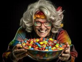 Woman in a Halloween costume holding a bowl of candy with mischievous grin AI Generative photo