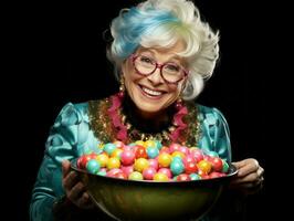 Woman in a Halloween costume holding a bowl of candy with mischievous grin AI Generative photo