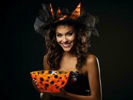 Woman in a Halloween costume holding a bowl of candy with mischievous grin AI Generative photo