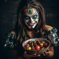 Woman in a Halloween costume holding a bowl of candy with mischievous grin AI Generative photo