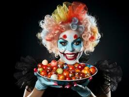 Woman in a Halloween costume holding a bowl of candy with mischievous grin AI Generative photo