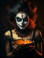 Woman in a Halloween costume holding a bowl of candy with mischievous grin AI Generative photo