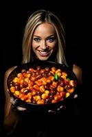 Woman in a Halloween costume holding a bowl of candy with mischievous grin AI Generative photo