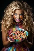 Woman in a Halloween costume holding a bowl of candy with mischievous grin AI Generative photo