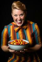 Woman in a Halloween costume holding a bowl of candy with mischievous grin AI Generative photo