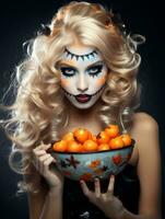 Woman in a Halloween costume holding a bowl of candy with mischievous grin AI Generative photo