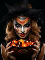 Woman in a Halloween costume holding a bowl of candy with mischievous grin AI Generative photo