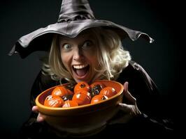 Woman in a Halloween costume holding a bowl of candy with mischievous grin AI Generative photo