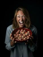 Woman in a Halloween costume holding a bowl of candy with mischievous grin AI Generative photo