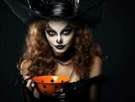 Woman in a Halloween costume holding a bowl of candy with mischievous grin AI Generative photo