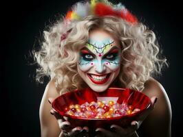 Woman in a Halloween costume holding a bowl of candy with mischievous grin AI Generative photo