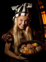 Woman in a Halloween costume holding a bowl of candy with mischievous grin AI Generative photo