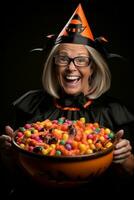 Woman in a Halloween costume holding a bowl of candy with mischievous grin AI Generative photo