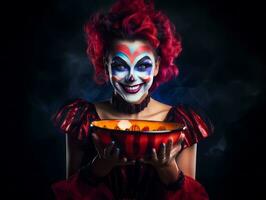 Woman in a Halloween costume holding a bowl of candy with mischievous grin AI Generative photo