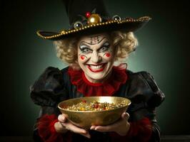 Woman in a Halloween costume holding a bowl of candy with mischievous grin AI Generative photo