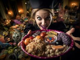 Woman in a Halloween costume holding a bowl of candy with mischievous grin AI Generative photo