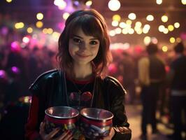 Woman in a Halloween costume holding a bowl of candy with mischievous grin AI Generative photo