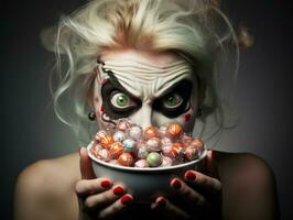 Woman in a Halloween costume holding a bowl of candy with mischievous grin AI Generative photo