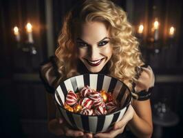 Woman in a Halloween costume holding a bowl of candy with mischievous grin AI Generative photo