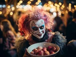 Woman in a Halloween costume holding a bowl of candy with mischievous grin AI Generative photo