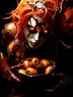 Woman in a Halloween costume holding a bowl of candy with mischievous grin AI Generative photo