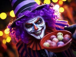 Woman in a Halloween costume holding a bowl of candy with mischievous grin AI Generative photo