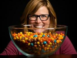 Woman in a Halloween costume holding a bowl of candy with mischievous grin AI Generative photo