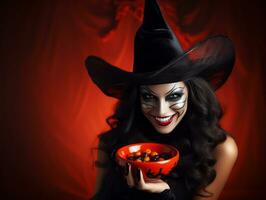 Woman in a Halloween costume holding a bowl of candy with mischievous grin AI Generative photo