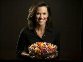 Woman in a Halloween costume holding a bowl of candy with mischievous grin AI Generative photo