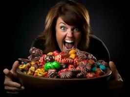 Woman in a Halloween costume holding a bowl of candy with mischievous grin AI Generative photo