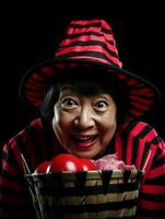 Woman in a Halloween costume holding a bowl of candy with mischievous grin AI Generative photo