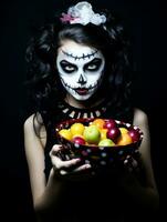 Woman in a Halloween costume holding a bowl of candy with mischievous grin AI Generative photo