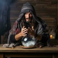 Man telling from a crystal ball dressed as a mysterious fortune teller AI Generative photo