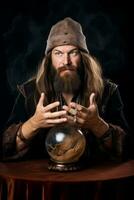 Man telling from a crystal ball dressed as a mysterious fortune teller AI Generative photo